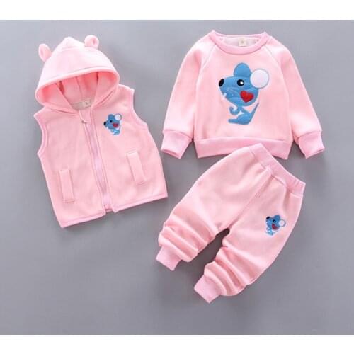 Mouse Baby Girls Clothing Sets Winter Warm Children Suit Cotton Hoodies Vest Pants Three Item Infant Clothing Set Kids Clothes