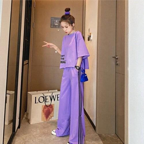 Striped Womens Sets 2021 New Sweatsuit For Girl Wide Leg Pants 2 PCS Ladies T-Shirt Suit Sports Suit Loose Tracksuit For Women