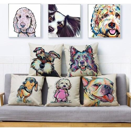 Cartoon Colorful Watercolor Pet Dog Print Throw Pillow Cover 45*45cm Cushion Covers Linen Pillow Case Home Decor Pillows Cases