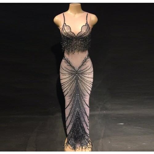 Fashion Black Perspective Dress Evening Party Rhinestone Dress Birthday Celebrate Costume Singer Performance Dress