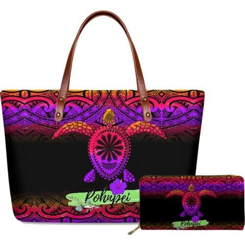 FORUDESIGNS Neoprene Tote Bag Pohnpei Polynesian Samoa Turtle Print Handbags Purse Set Summer Beach Shoulder Bag and Wallet 2pcs