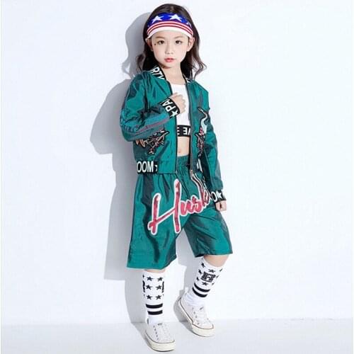 Girls street dance wear hip hop jacket sequin patch loose shorts tiger embroidery dance jazz costumes kids