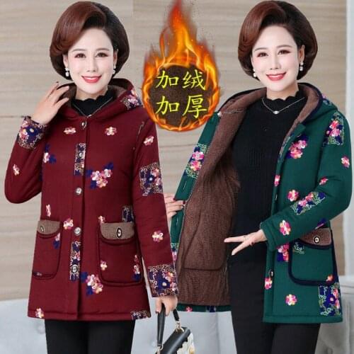 Middle-aged Elderly Womens Coat Cotton Padded Winter Jackets Single-breasted Hooded Plush Thick Warm Overcoat Parkas 5XLA1425