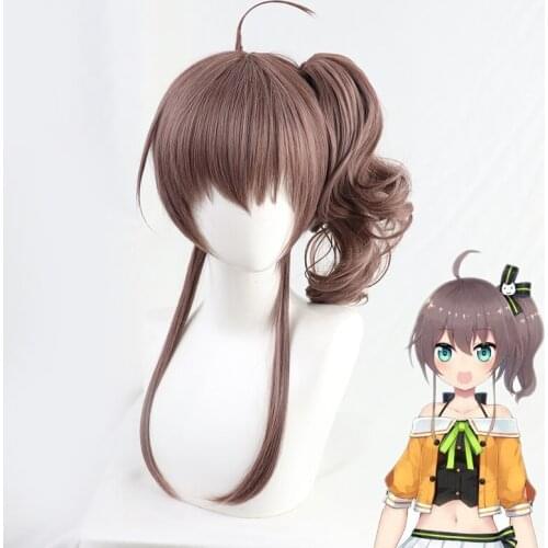 YouTuber Natsuiro Matsuri Cosplay Wig Hololive Brown Curly Synthetic Hair Chip Ponytail + Wig Cap