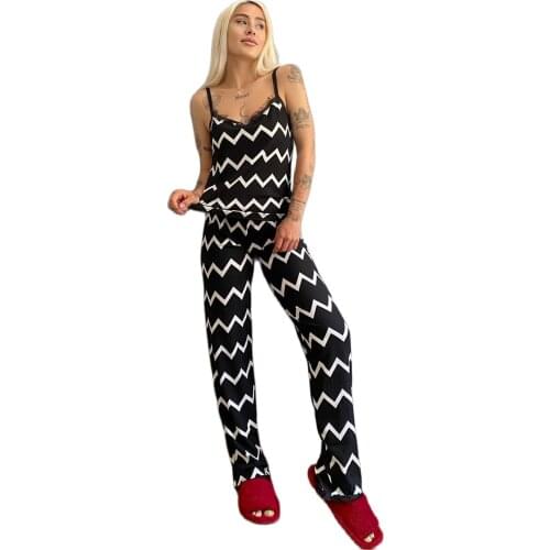 Black Sexy Pajamas Women Lace Rope Strap Knitted Spaghetti Strap Loose Pants Zigzag Lace Rope Strap Knitted Womens Pajamas Set