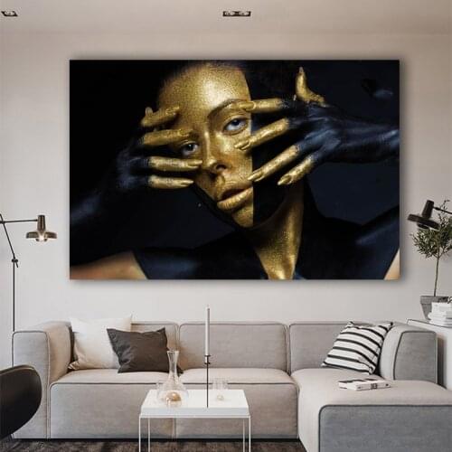SELFLESSLY ART Golden Girl Poster Portrait Picture Abstract Black Background Canvas Painting For Living Room Wall Home Decor