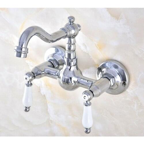 Polished Chrome Wall Mounted Swivel Spout Bathroom Sink Faucet Double Handle Mixer Tap Wall Mounted znf573