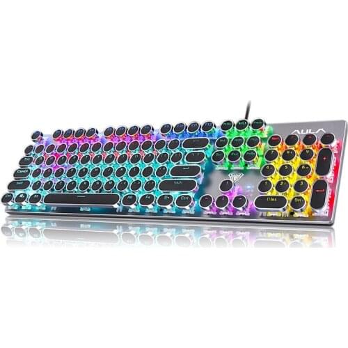 Wired Mechanical Keyboard 104 Keys Punk Plating Suspension Translucent Character Round Keycaps Blue Switch Gaming Keyboard
