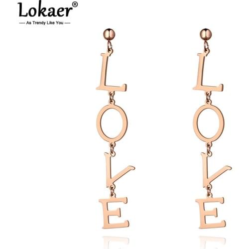 Lokaer Titanium Stainless Steel Romantic LOVE Letter Drop Earrings Jewelry Rose Gold Dangle Earrings For Girls Orecchini E19233