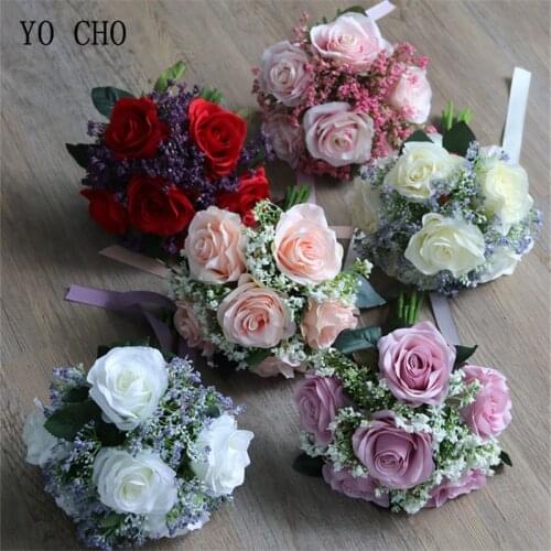 Silk Artificial Flowers Rose Gypsophila Flower Bundle Ribbon Small Bouquet Flores for Home Table Vase Wedding Decor Fake Flowers