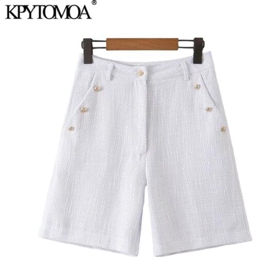 KPYTOMOA Women 2021 Fashion Side Pockets With Buttons Tweed Shorts Vintage High Waist Zipper Female Short Pants Mujer