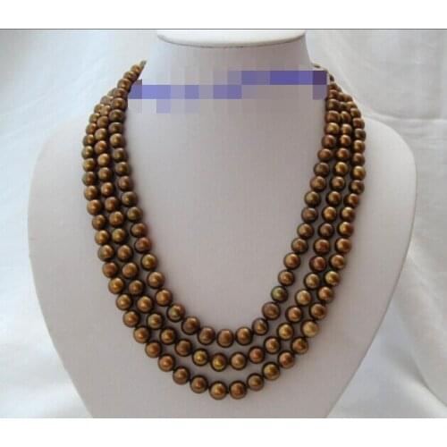 SUPER 3rows 10mm round coffee freshwater cultured pearl necklace 17"