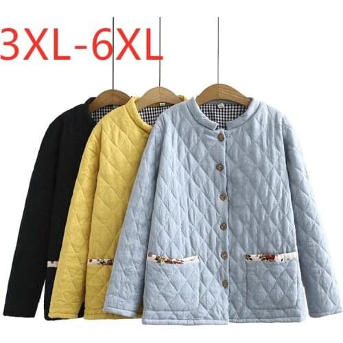 New 2020 ladies autumn winter plus size wadded jacket for women large loose long sleeve button blue pocket coat 3XL 4XL 5XL 6XL