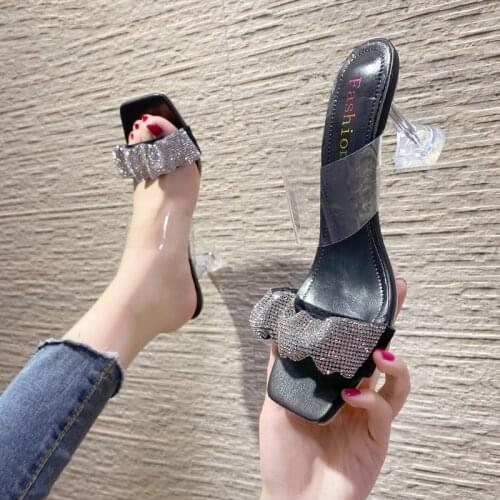 2021 New Thin High Heels Slippers Ladies Elegant Slip On Mule Shoes Leisure Outdoor Sandals Shoes Slides Flip Beige Black