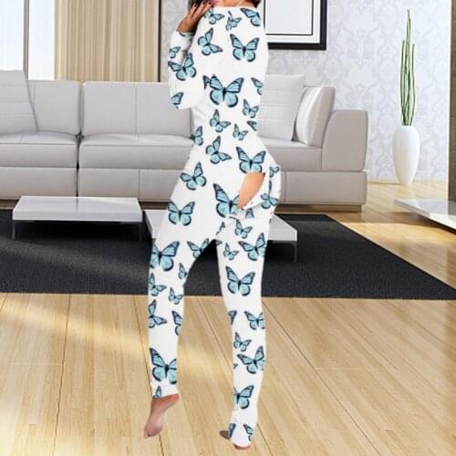 Women V Neck Jumpsuit One Set Pajamas Button Open Crotch Sleepwear Ladies Casual Home Wear Spring Long Sleeve Night Suits