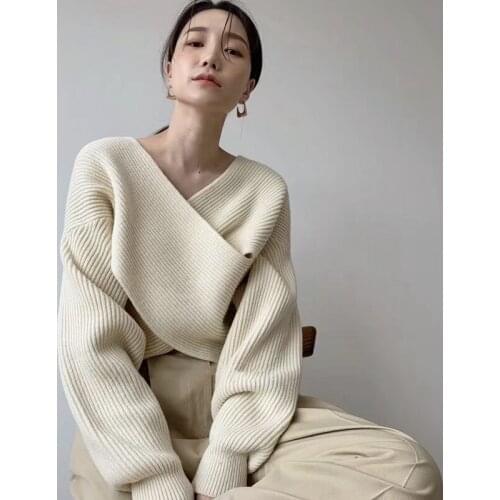 Korean Version Autumn Winter Cross V-neck Female Pullover Sweater Tops Chic Womens Casual Warm Jumpers Knitwear