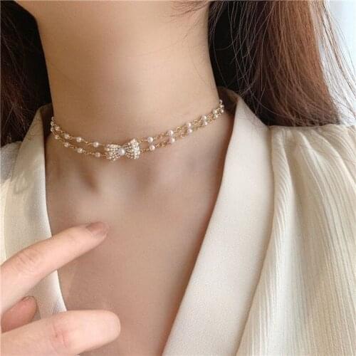 Elegant Sparkling Zircon Bowknot Choker Necklace for Women Girls Elegant Double Layer Pearls Clavicle Necklaces Weddings Jewelry