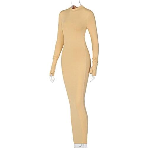 Women High Neck Bodycon Long Dress, Solid Color Long Sleeve Open Back Maxi Dress