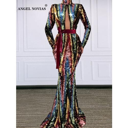 Long Sleeves High Neck Muslim Mermaid Evening Dress 2020 Elegant Lace Caftan Arabic Prom Gowns Party Dresses