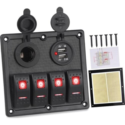 12V 24V 4 Gang Rocker Switch Panel USB Charger Cigarette Lighter With Circuit Breaker Led Switch Panel Boat Marine Car Truck