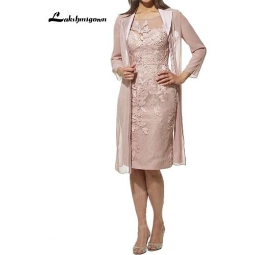 2 PCS Knee Length Mother of the Bride Dresses O Neck Long Sleeve Lace Chiffon Dress Suits With Long Jacket Plus Size Custom 2021