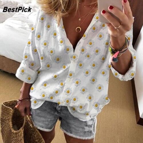 2020 New Women Blouses Daisy Print Casual stand Collar Womens Shirts Plus Size Office Look Ladies Tops Top Cropped Feminino