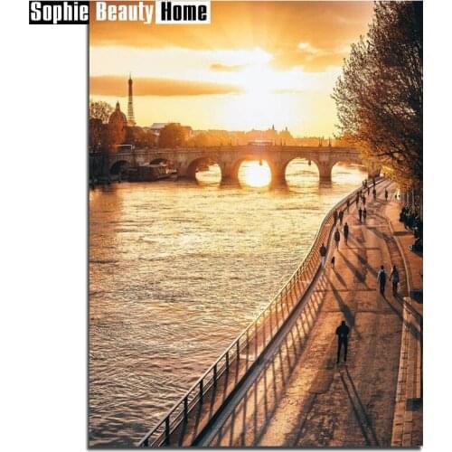 Diamond Embroidery Bridge and River In Sunset Mosaic Crystal 5D Cross Stitch Full Drill DIY Diamond Painting Patterns 060608
