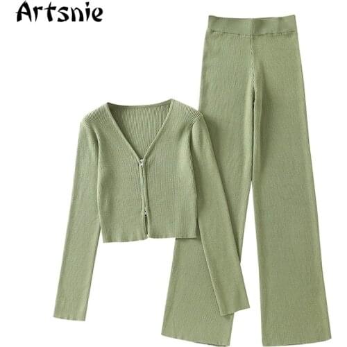 Artsnie Spring 2021 Two Piece Set Women V Neck Cardigans Wide Leg Pants Suits Homewear Green Tracksuits Two Piece Sets Outfits