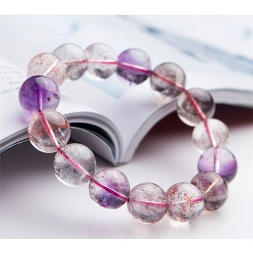 Brazil Colorful Natural Rutilated Quartz Bracelets For Women Female 14mm Natural Supwer 7 Seven Melody Stone Round Bead Bracelet