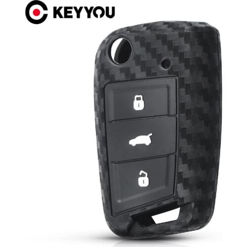 KEYYOU Fob 3 Buttons Carbon Fiber Silicone Key Case For Volkswagen VW Golf 7 Mk7 Skoda Octavia A7 Key Portect Keychain Cover
