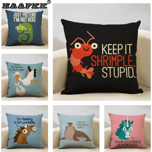 Funny Cartoon Animals Dinosaur Kangaroo Bee Dachshund Shark Interesting Words Decorative Letters Cushion Cover Sofa Pillow Case