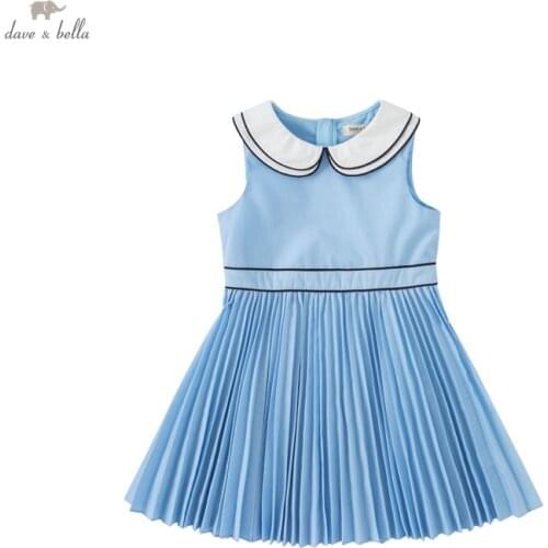 DK17685 dave bella summer girls 5Y-13Y fashion cartoon solid draped dress children sweet dress kids infant lolita clothes