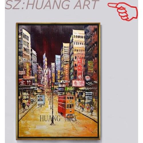 Decorative Art Handmade Canvas Oil Painting Living Room Home Decor Wall Paintings Impression Hong Kong Landscape Pictures