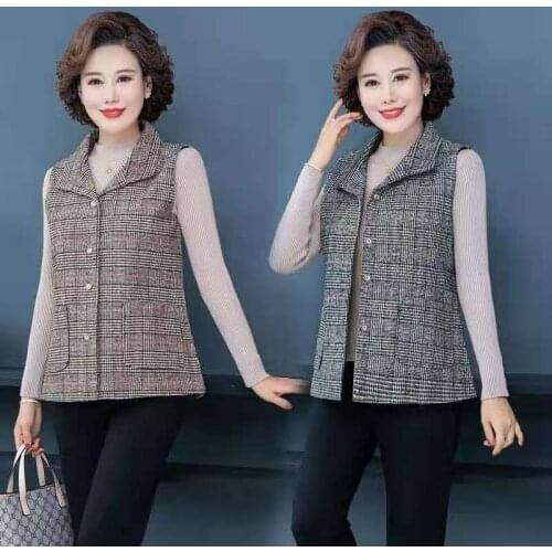 Middle-aged mother Plaid Vest Jacket Spring Autumn Slim Sleeveless Coat Plus size Short Outerwear Casual Tops Womens Waistcoat