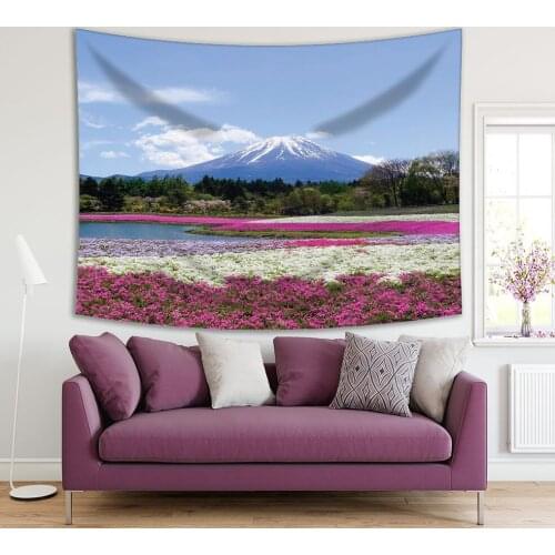 Tapestry Fuji Mountain and Colorful Moss Foreground with Lacquer horse Shibasakura Festival Spring Scenery Blue Pink Green