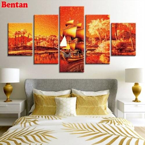 5 pcs DIY Diamond Painting Full Square round Sailboat Cross Stitch Diamond Embroidery landscape Diamond Mosaic Rhinestones decor