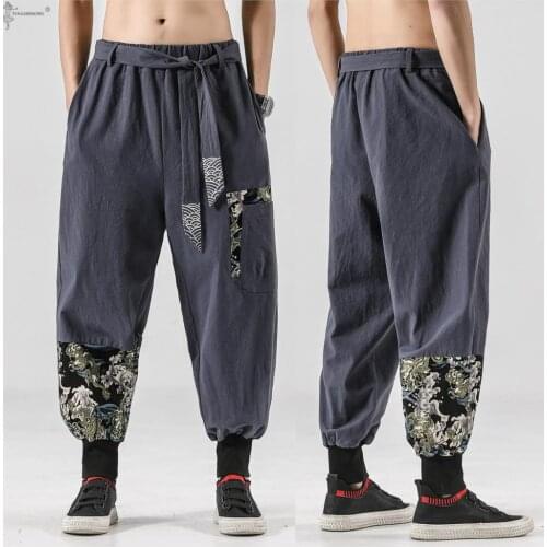 Japanese kimono Men Cotton Linen Samurai Costume Ukiyo-e Print Belt Retro Harem Pants Haori Baggy Trousers Harajuku Hip Hop