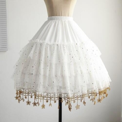 Lolita Skirt Stars and Moon Chiffon and Mesh Adjustable Boned White Lolita Bottom