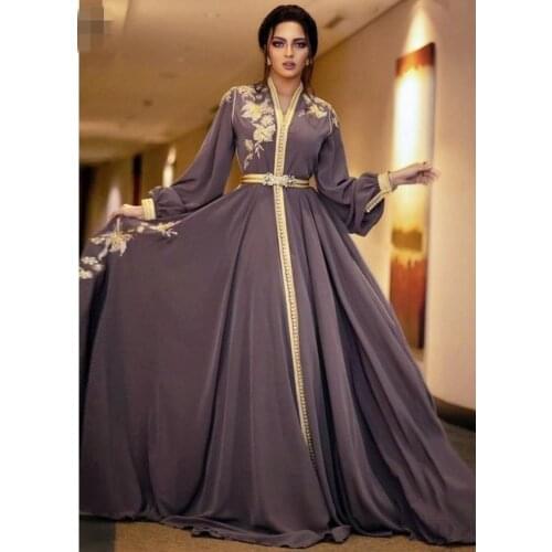 Moroccan Kaftan Caftan Muslim Evening Dresses A-line V-neck Long Sleeves Chiffon Dubai Arabic Turkey Abaya Islamic Evening Gown