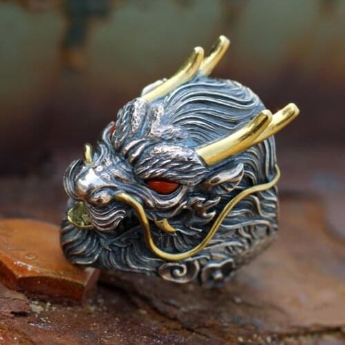 Real 925 Sterling Silver VINTAGE biker Retro mens dragon handmade Jewelry Ring rings high details A5160