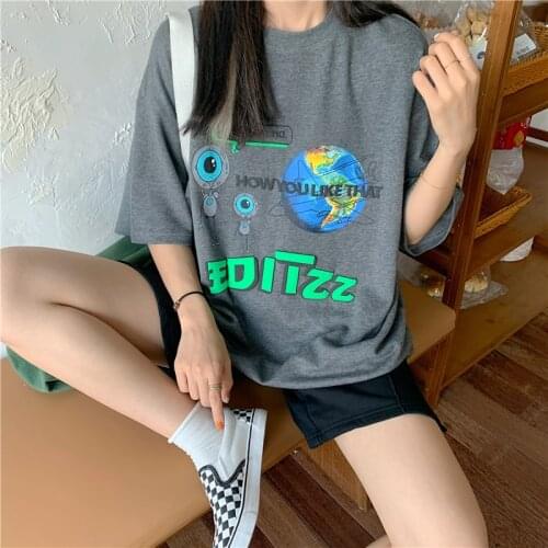 Summer New Style Japanese Kawaii Letter Printed T-Shirt Female Harajuku Style Loose Oversized Mid-Length Short-Sleeved Blouse