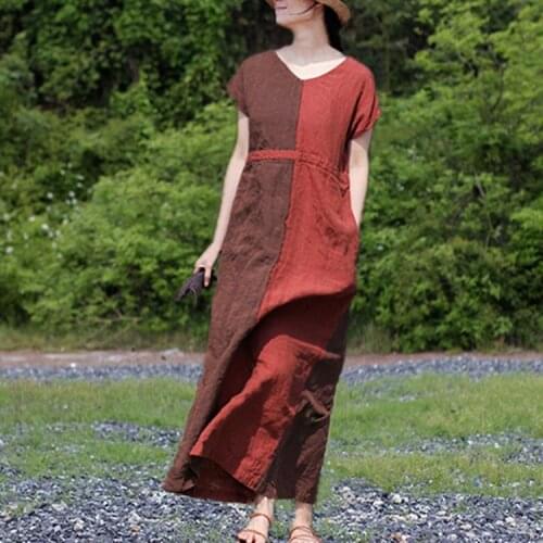 19 A Summer Pure Flax Rust Coffee Brick Red Hit Color V Lead Short Sleeve High Waist Back Vent Dress 90330 h190507