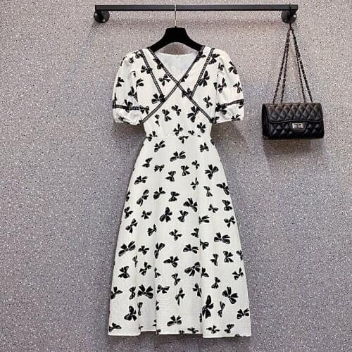 Dress Women 2021 Summer Plus Size Dresses Sweet A-Line Vestidos Puff Sleeve Butterfly Print V Collar Ladies Clothing