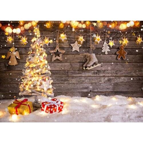 Christmas Tree Gifts Snow Wooden Board Lights Photo Backdrops Vinyl Photoshoot Background for Children Baby Photography Props