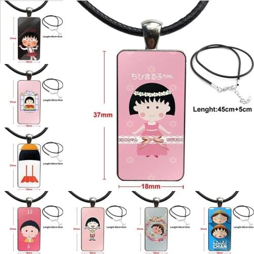 Japanese Anime Chibi Maruko Chan Pattern For Wedding Glass Cabochon Choker Pendant Rectangle Necklace Steel Color Jewelry