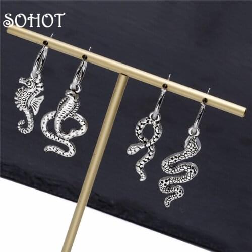 SOHOT European Ethnic Snake Pendant Women Men Drop Earrings Vintage Silver Color Unisex Female Circle Party Jewelry Brimcos