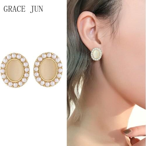 GRACE JUN Geometric Oval Stud Clip on Earrings Jewelry for Women Korean Style Faux Pearl Opal Stone Fake Piercing Cuff Earrings