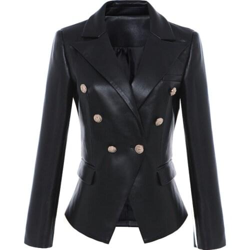 Fall Winter 2020 Designer Blazer Jacket Womens Lion Metal Buttons Black Double Breasted Synthetic Leather Blazer Wholesale