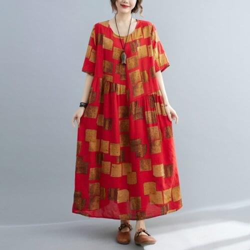 2021 New Arrival Short Sleeve Loose Summer Dress Cotton Linen Print Floral Holiday Travel Casual Dress Women Vintage Long Dress