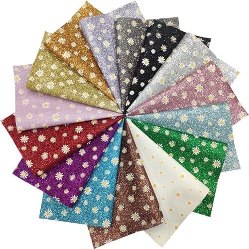 Daisy Flower Printed Shiny Fine Glitter Faux Artificial Leather Fabric Sheet for Making Shoe/Bag/DIY Accessories/Wallpaper